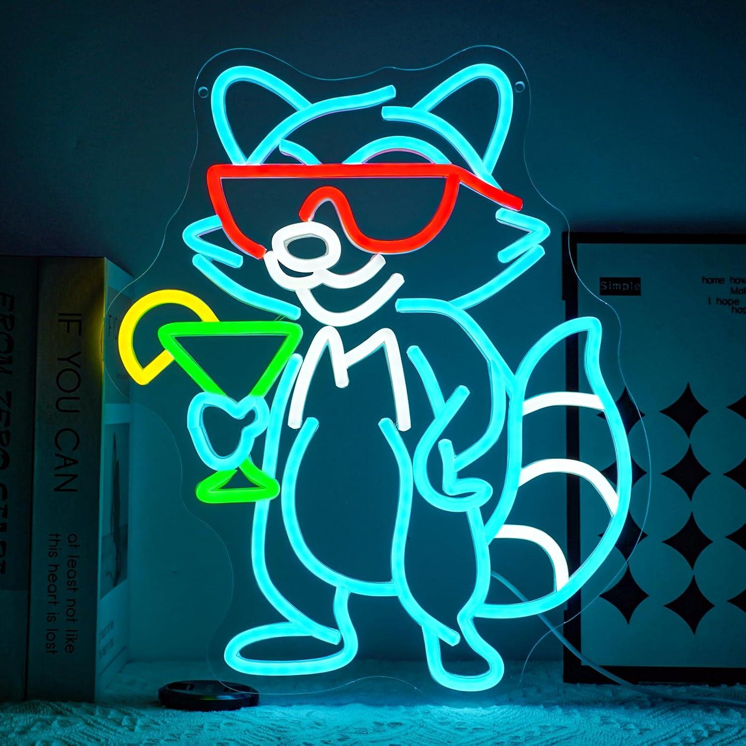 Home Bar Lounge - サングラスをかけたアライグマカクテルネオンサイン調光可能なLEDライトホームバーマンケーブカクテルラウンジ壁装飾看板ライト