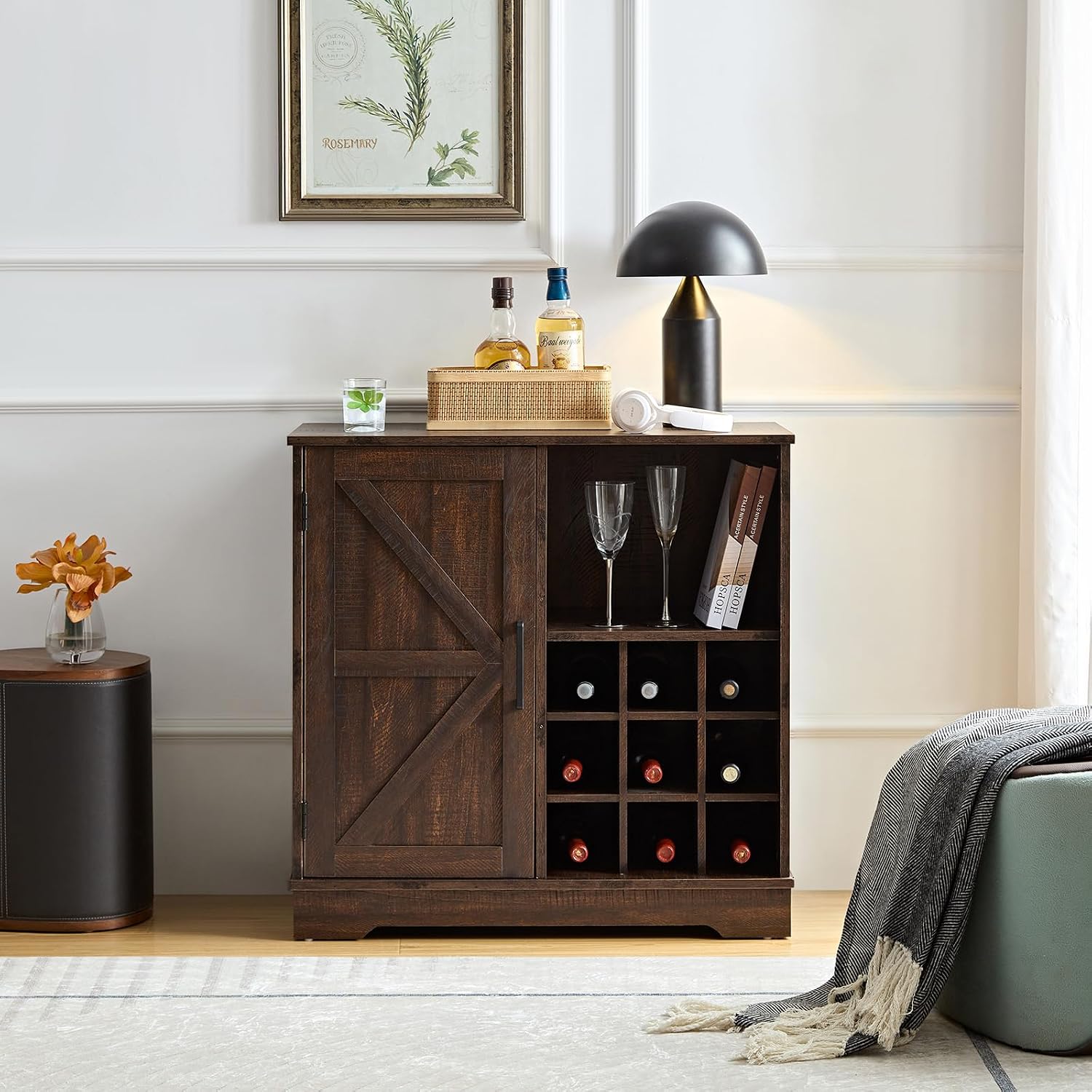 Home Bar And Cabinet - ファームハウスバーキャビネット ワインラック グラス収納、スライドドア ビュッフェ引き出し 調節可能な棚、31.5x15.75x31.5、カスタマイズ可能