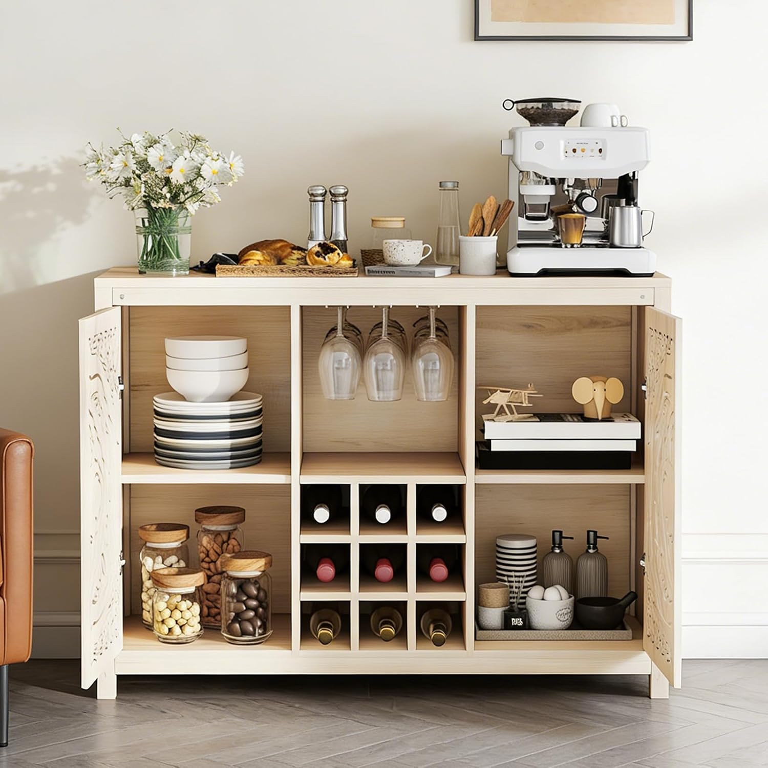 Home Bar And Cabinet - 木製バーキャビネット、調節可能なワインラックと収納付き、リビング・ダイニングルーム用ビュッフェサイドボード、カスタマイズ可能