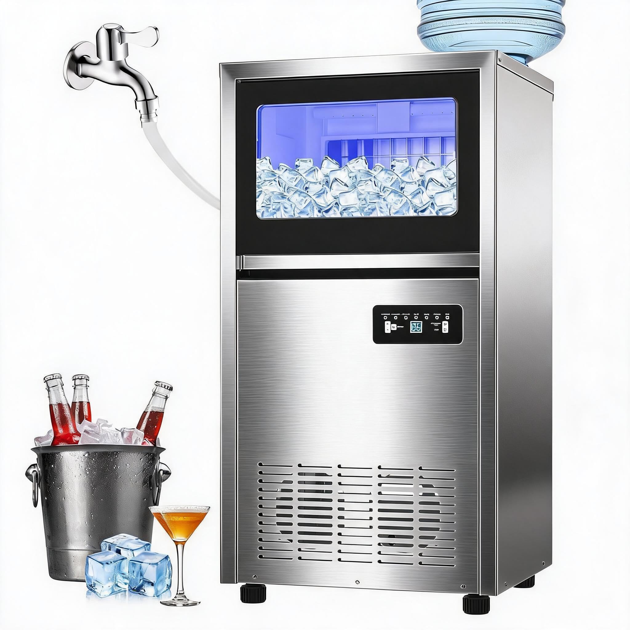 Home Bar And Counter - 業務用製氷機 120ポンド/24時間、36ポンドの貯氷容量、デュアル給水方式、内蔵/自立式/アンダーカウンター製氷機、セルフクリーニング機能付き、家庭用バー・レストラン向けETL認証取得