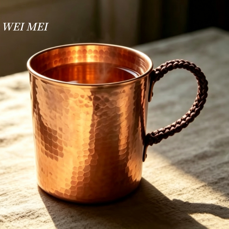 Mule Copper Mug - ヴィンテージ銅製コーヒーカップ、ウォーターマル 350ml ジュースマグ、編み込みハンドル、彫刻槌目模様、友人へのギフト、朝食カップ、食器