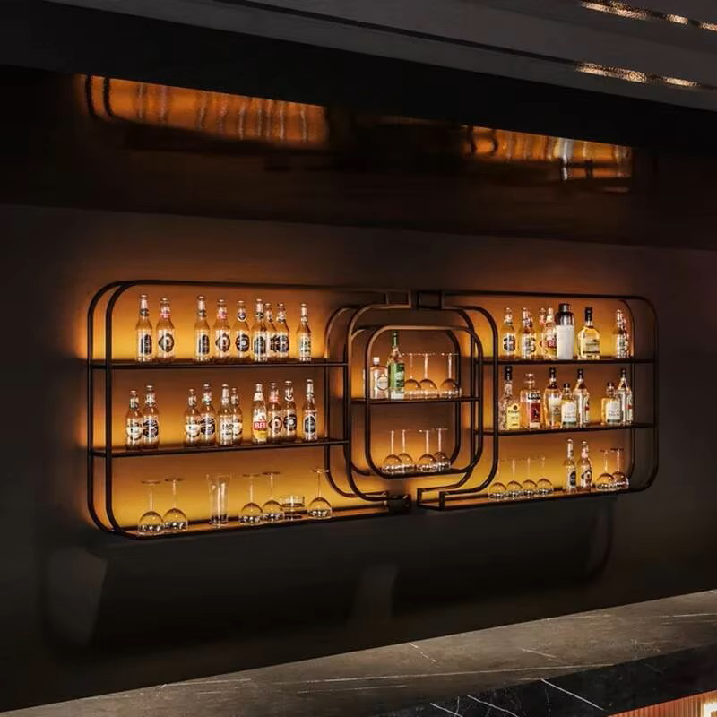 Home Bar And Counter - シンプルな錬鉄製ワインラック、バーカウンター用、デザイナーディスプレイキャビネット、ライト付き、ハイエンドでクリエイティブな壁掛けバーキャビネットF