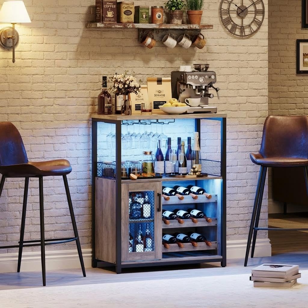 3段式ワインバーキャビネット、LEDライト付き、調整可能な収 - Home Bar And Cabinet のレビューと価格