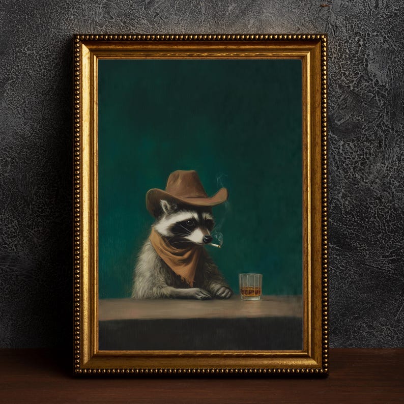 ヴィンテージ風面白い喫煙アライグマのカウボーイキャンバスウォ - Home Bar Lounge のレビューと価格